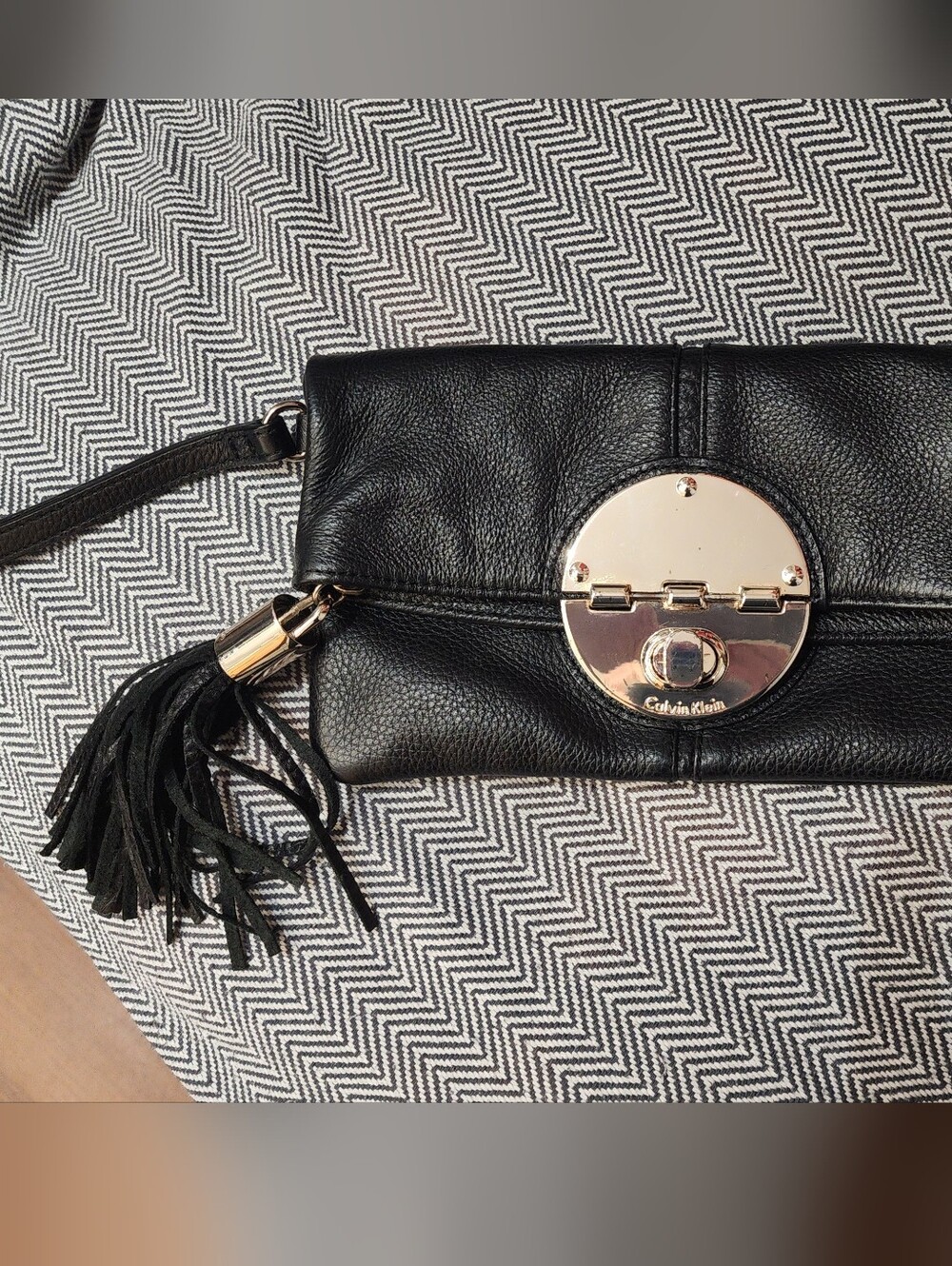 Calvin Klein Black Leather Clutch with Tassel